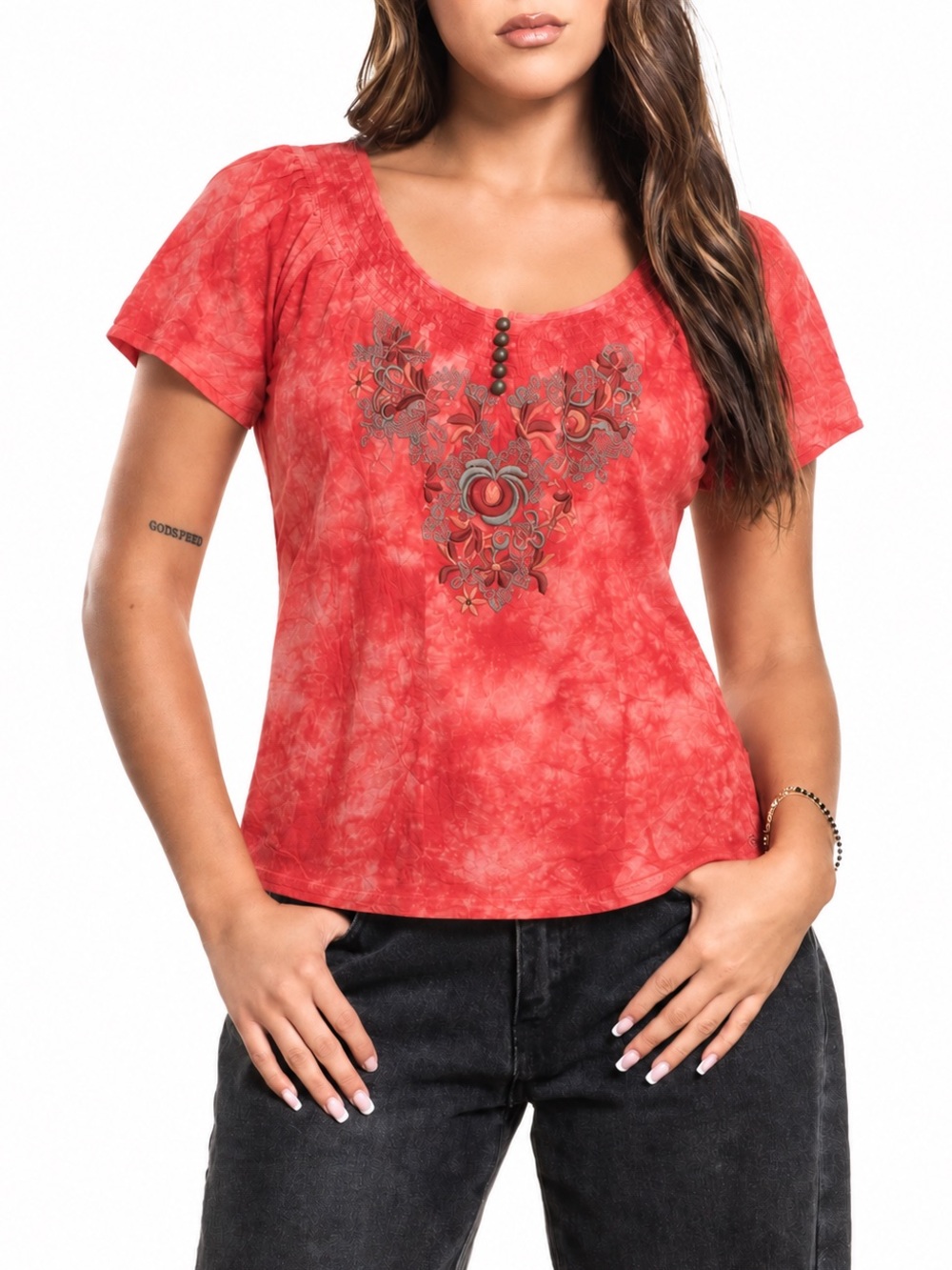 One World Tye Dye Embroidered Blouse Top PL L
